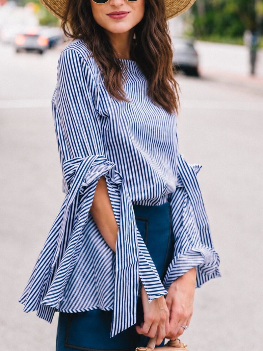 Chicwish Blue White Striped Bell Sleeve Bow Cotton Blouse Women's M/L